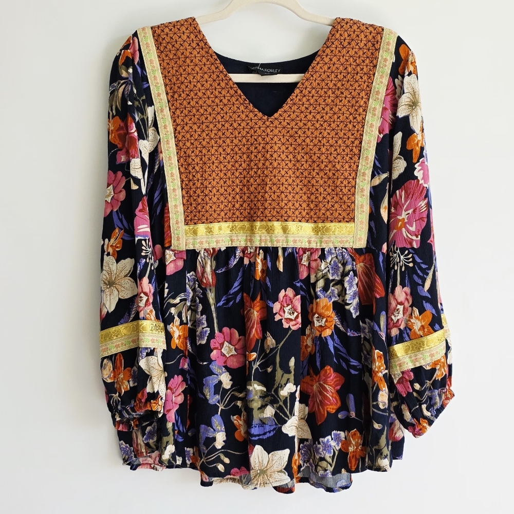 Cynthia Rowley Peasant V-Neck Floral Print Bohemian Blouse Women's Size 1X
